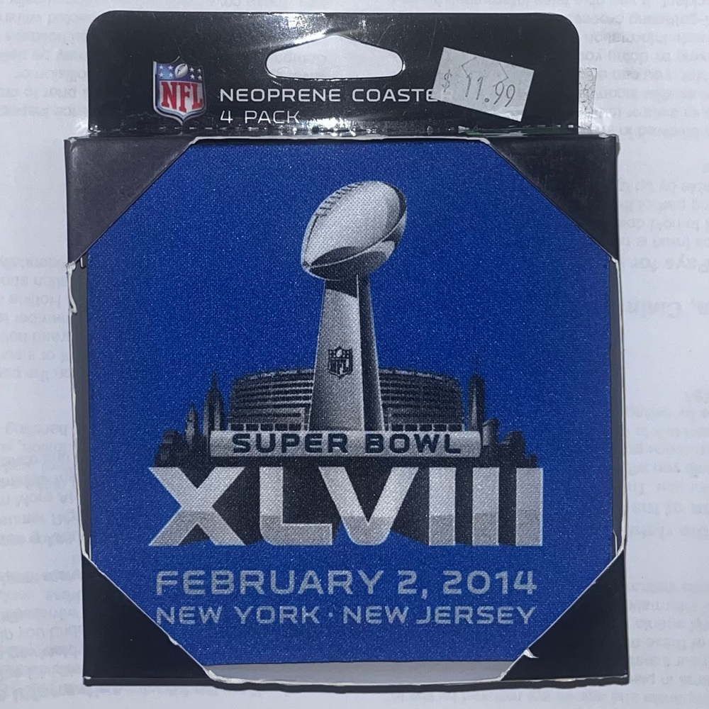 Super Bowl XLVIII Coaster Set 4-Pack NFL 2014 Seahawks Broncos NY NJ NOS